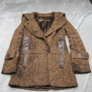 Mackage Wool Coat Women XS? Brown Wool Mohair Cashmere Leather VTG RARE READ‎